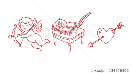 Cute cupid shooting bow and arrow valentine hand drawn doodle vector, romantic love book with quill on table sketch illustration, heart with arrow elements 134556306