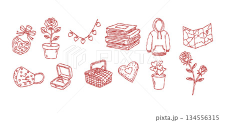 Picnic basket and travel map valentine hand drawn doodle vector, red rose and jewelry ring box sketch illustration, minimalist love lifestyle elements Picnic basket and travel map valentine hand drawn doodle vector, red rose and jewelry ring box sketch illustration, minimalist love lifestyle elements 134556315