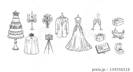 Tiered wedding cake and elegant bridal gown valentine hand drawn doodle vector, romantic banquet table sketch illustration, minimalist love celebration elements 134556318