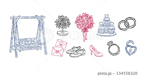 Wedding cupcakes and flower bouquet valentine hand drawn doodle vector, romantic bridal shoes sketch illustration, minimalist love elements for party decor 134556320