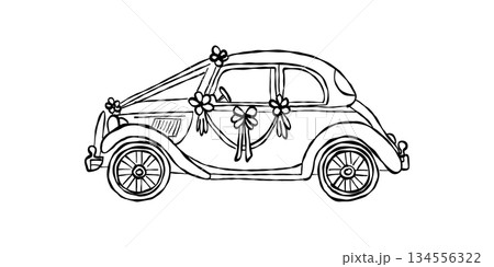Vintage wedding car with floral decoration valentine hand drawn doodle vector, cute romantic bridal auto sketch illustration, minimalist love vehicle elements Vintage wedding car with floral decoration valentine hand drawn doodle vector, cute romantic bridal auto sketch illustration, minimalist love vehicle elements 134556322