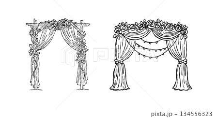 Floral wedding arch and gazebo valentine hand drawn doodle vector, romantic rose altar sketch illustration, minimalist love elements for ceremony decor 134556323