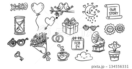 Gramophone and flower bouquet valentine hand drawn doodle vector, cute romantic gift box sketch illustration, minimalist heart glasses and rings for wedding 134556331