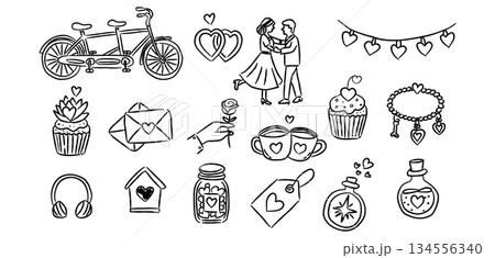 Valentine hand drawn doodle couple vector with cute love bicycle, romantic rose sketch illustration for wedding design, minimalist heart icons, scrapbook clip art 134556340