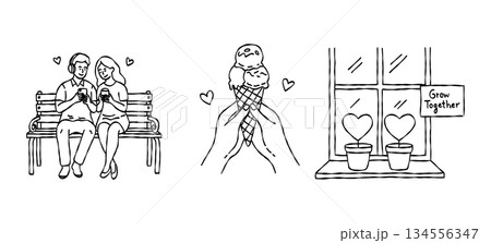 Young couple sitting on bench with headphones hand drawn doodle vector, sharing ice cream and heart plants sketch illustration, grow together concept 134556347