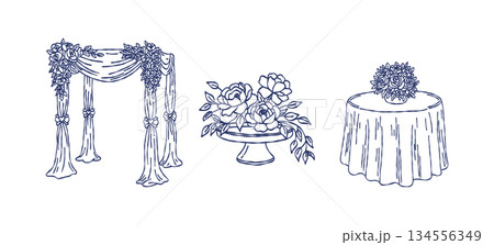 Wedding arch gazebo and floral table centerpiece set hand drawn doodle vector, romantic venue decoration and flowers sketch illustration 134556349