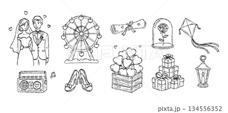 Wedding couple and romantic Ferris wheel set hand drawn doodle vector, love scroll and heart balloon crate sketch illustration, celebration elements Wedding couple and romantic Ferris wheel set hand drawn doodle vector, love scroll and heart balloon crate sketch illustration, celebration elements 134556352