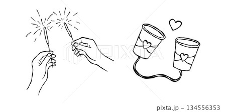 Hands holding lit wedding sparklers and tin can phone hand drawn doodle vector, romantic couple celebration and communication sketch illustration Hands holding lit wedding sparklers and tin can phone hand drawn doodle vector, romantic couple celebration and communication sketch illustration 134556353