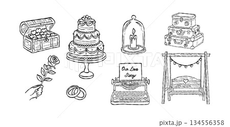 Vintage typewriter love story and wedding cake valentine hand drawn doodle vector, treasure chest and travel luggage sketch illustration 134556358