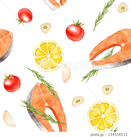 Seamless illustration of a repeating pattern with hand-drawn salmon steaks, tomatoes, lemon, garlic and rosemary 134556511