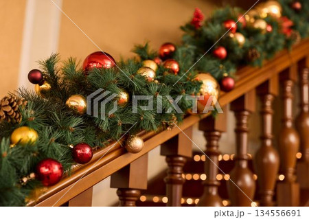 Festive Holiday Decoration, Charming Festive Setting With Lights And Ornaments Enhancing Holiday Spirit Festive Holiday Decoration, Charming Festive Setting With Lights And Ornaments Enhancing Holiday Spirit 134556691