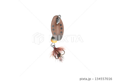 Metal fishing lure isolated on white background. Spinner lure isolated. 134557016