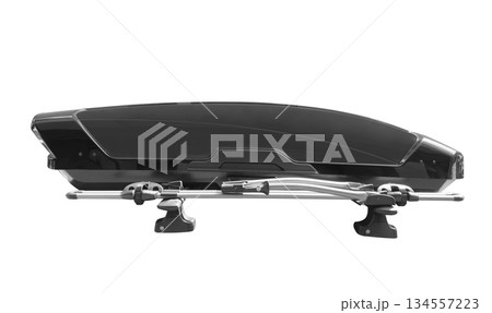 Carrier car roof box isolated. Black plastic car rooftop cargo box or roof carrier for traveling. Removable storage container mounted on car roof rack. Carrier car roof box isolated. Black plastic car rooftop cargo box or roof carrier for traveling. Removable storage container mounted on car roof rack. 134557223