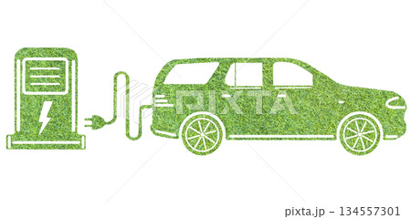 Eco friendly car concept with electric vehicle charging station. EV car covered with grass isolated on white background. Green sustainable clean energy. 134557301