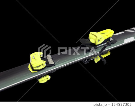 Pair of alpine skis isolated on black background. Sport equipment for skiing. Pair of alpine skis isolated on black background. Sport equipment for skiing. 134557303