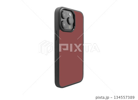 Mobile phone case isolated on white background. Smart phone case isolated. Black silicone case for smartphone or phone with cutouts for the camera. Front view 134557389