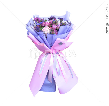 Beautiful pink bouquet with flowers background texture. Nature outdoor. Bouquet isolated on white background. 134557432
