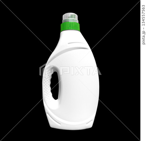 Plastic bottle for detergent cleaning agent iIsolated on black background. Plastic bottle isolated with clipping path. Empty space for text 134557563