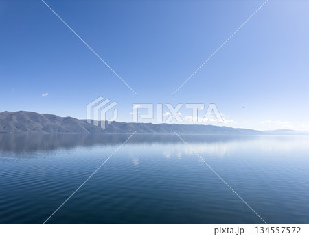 Aerial panorama view mountains. Mountain ridge. Stunning mountains range over beautiful blue lake 134557572