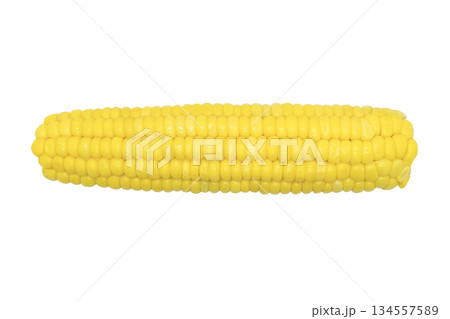 Cob of ripe sweet corn isolated on white background. Sweet boiled corn cob isolated on white background. Fresh yellow corn 134557589