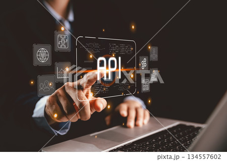 Professional interacting glowing API interface digital data icons representing application programming interface system integration backend services cloud technology scalable modern software solutions Professional interacting glowing API interface digital data icons representing application programming interface system integration backend services cloud technology scalable modern software solutions 134557602