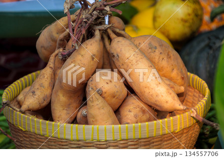 Close-up macro view of fresh orange sweet potatoes (Ipomoea batatas) stacked high in a traditional rattan basket, ready for sale and consumption. Close-up macro view of fresh orange sweet potatoes (Ipomoea batatas) stacked high in a traditional rattan basket, ready for sale and consumption. 134557706
