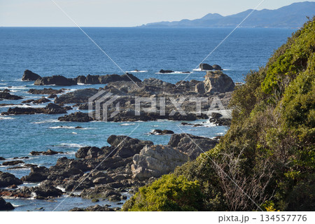 Rocky Coastline with Distant Mountains 134557776