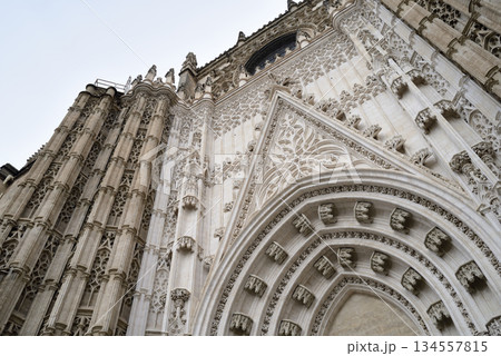 Facade details on the Seville Cathedral of Saint Mary of the See in Seville, Andalusia, Spain Facade details on the Seville Cathedral of Saint Mary of the See in Seville, Andalusia, Spain 134557815