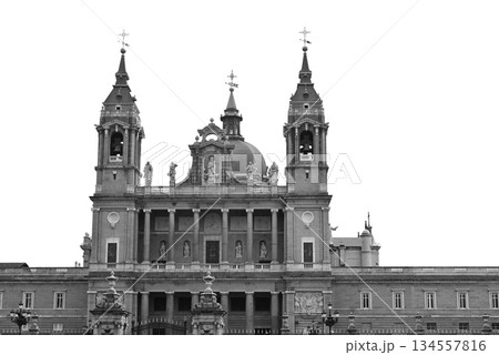 Cathedral of Saint Mary the Royal of the Almudena seen from the Royal Palace in Madrid, Spain 134557816