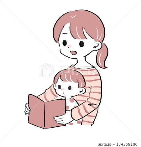 赤ちゃんに読み聞かせをするお母さんのイラスト 134558100