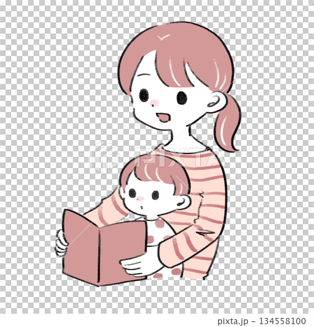 赤ちゃんに読み聞かせをするお母さんのイラスト 134558100