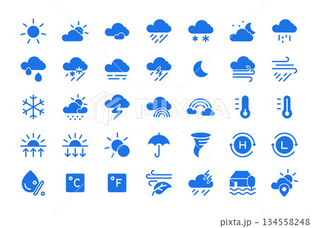 Weather Icon Set for Forecast and Climate: Sun, Cloud, Rain, Snow, Storm, Wind, Fog, Tornado, Thermometer and Humidity. Editable stroke line vector pictogram for web app, linear outline. 134558248