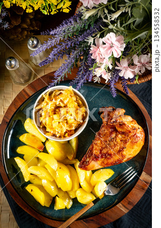 A delicious piece of roasted chicken. A delicious piece of roasted chicken. 134558532