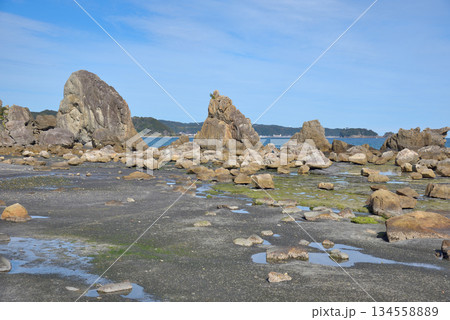 Hashigui Rocks natural stone formations in Kushimoto Town in Kii Peninsula in Wakayama, Japan 134558889