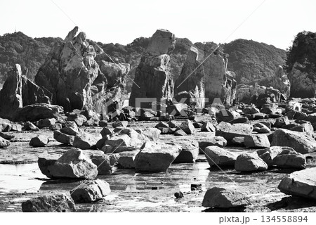 Hashigui Rocks natural stone formations in Kushimoto Town in Kii Peninsula in Wakayama, Japan 134558894