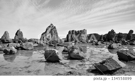 Hashigui Rocks natural stone formations in Kushimoto Town in Kii Peninsula in Wakayama, Japan Hashigui Rocks natural stone formations in Kushimoto Town in Kii Peninsula in Wakayama, Japan 134558899
