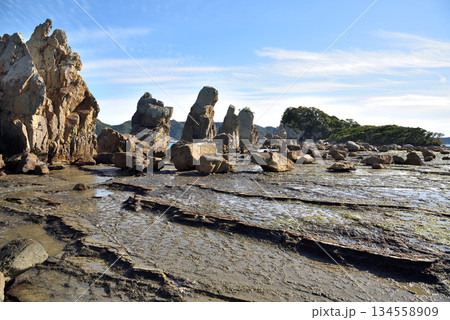Hashigui Rocks natural stone formations in Kushimoto Town in Kii Peninsula in Wakayama, Japan 134558909
