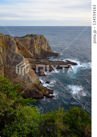 Sandanbeki Rock Cliff on Pacific ocean coast in Shirahama Town in Wakayama prefecture, Japan Sandanbeki Rock Cliff on Pacific ocean coast in Shirahama Town in Wakayama prefecture, Japan 134559163