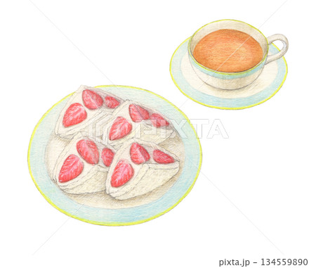いちごサンドと紅茶 水彩色鉛筆イラスト いちごサンドと紅茶 水彩色鉛筆イラスト 134559890