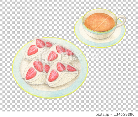 Strawberry sandwich and tea watercolor pencil illustration 134559890