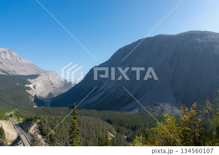 アイスフィールドパークウェイのビューポイントから望む雄大な山岳風景 アイスフィールドパークウェイのビューポイントから望む雄大な山岳風景 134560107