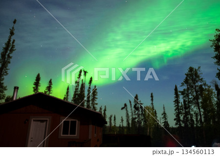 カナダ・イエローナイフの森とロッジ上空に広がる幻想的なオーロラ夜景 134560113