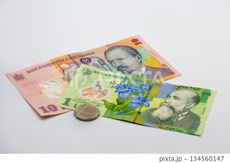 Romanian currency banknotes and coin closeup on white background 134560147