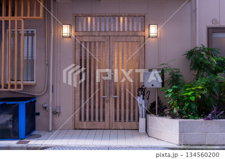 sidewalk by street wall  and  door 134560200
