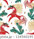 Seamless New Year's pattern with a red horse and fir branches on a white background. Hand-drawn with paints and pencils. Suitable for printing on fabric and paper. 134560295