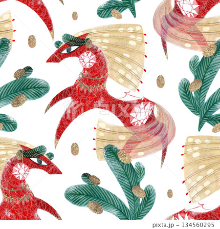 Seamless New Year's pattern with a red horse and fir branches on a white background. Hand-drawn with paints and pencils. Suitable for printing on fabric and paper. 134560295