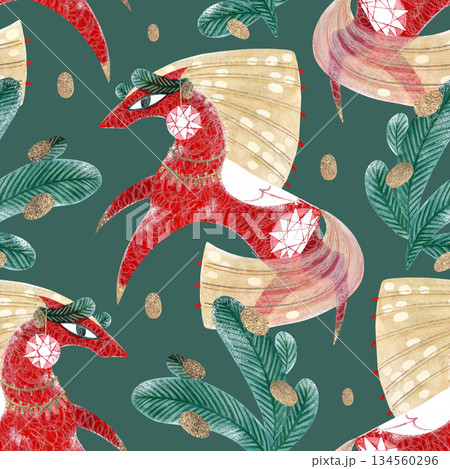 Seamless New Year's pattern with a red horse and fir branches on a green background. Hand-drawn with paints and pencils. Suitable for printing on fabric and paper. Seamless New Year's pattern with a red horse and fir branches on a green background. Hand-drawn with paints and pencils. Suitable for printing on fabric and paper. 134560296