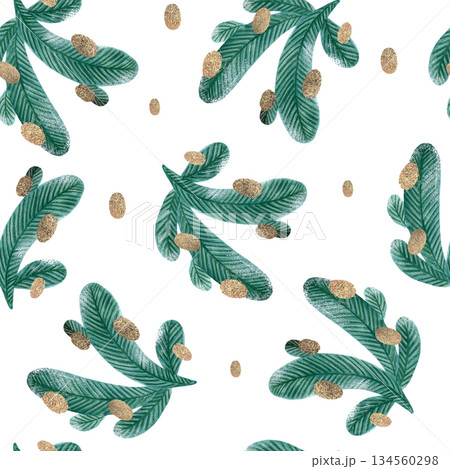 Seamless winter pattern with a picture of spruce branches on a white background. Hand-drawn with watercolors and pencils. Suitable for printing on fabric and paper. Seamless winter pattern with a picture of spruce branches on a white background. Hand-drawn with watercolors and pencils. Suitable for printing on fabric and paper. 134560298