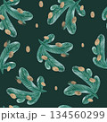Seamless winter pattern with a picture of spruce branches on a green background. Hand-drawn with watercolors and pencils. Suitable for printing on fabric and paper. 134560299