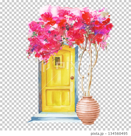 A composition with a bright yellow door and a bush of bright bougainvillea flowers in a clay pot. Watercolor illustration of a traditional Greek architectural fragment with pink flowers on an isolated 134560495